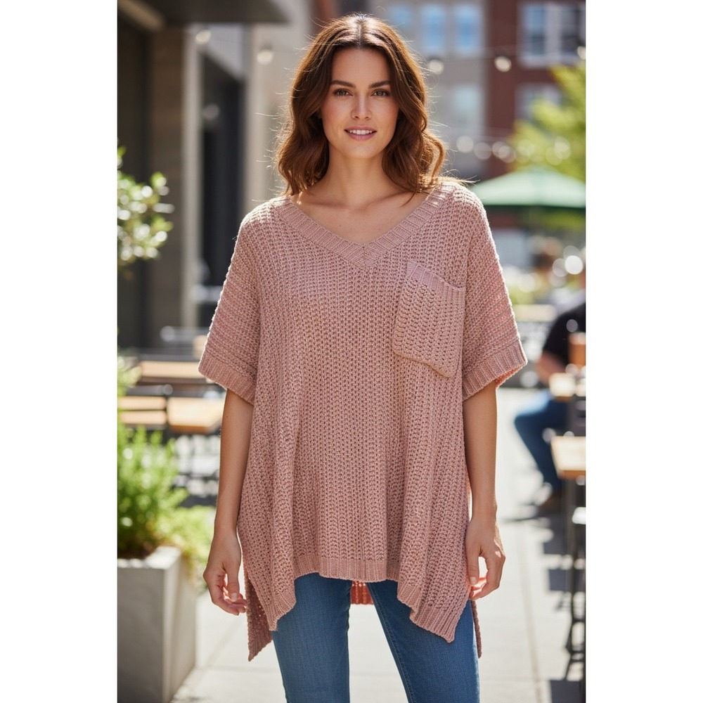 POL Pink Chenille Knit‎ Oversized V-Neck Sweater Short Sleeve Pocket Sz M Soft